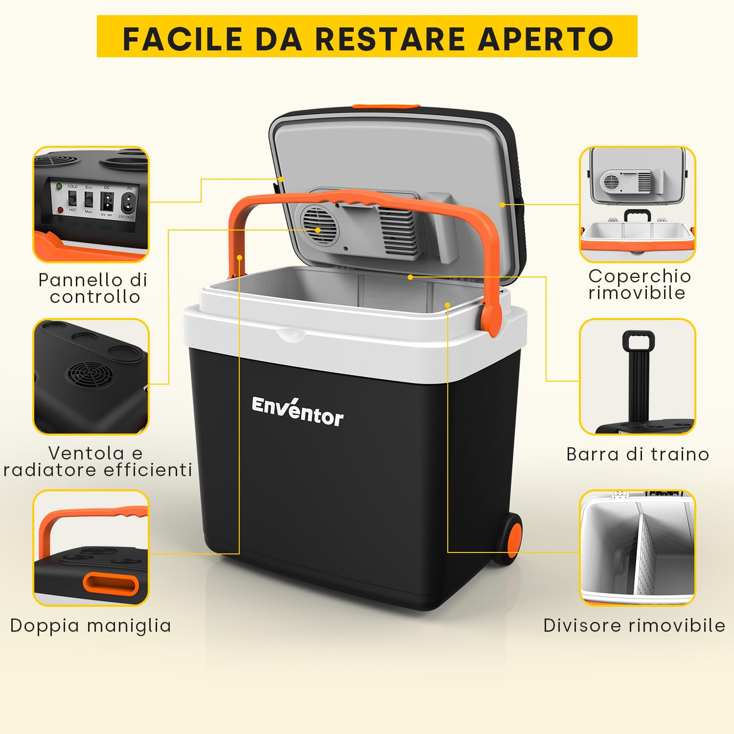 Enventor Frigo Portatile Elettrico con Ruote e Manico, 33L | Frigo da Campeggio, Modalità ECO, 12V 220V per Auto, Camion, Camper, Barca