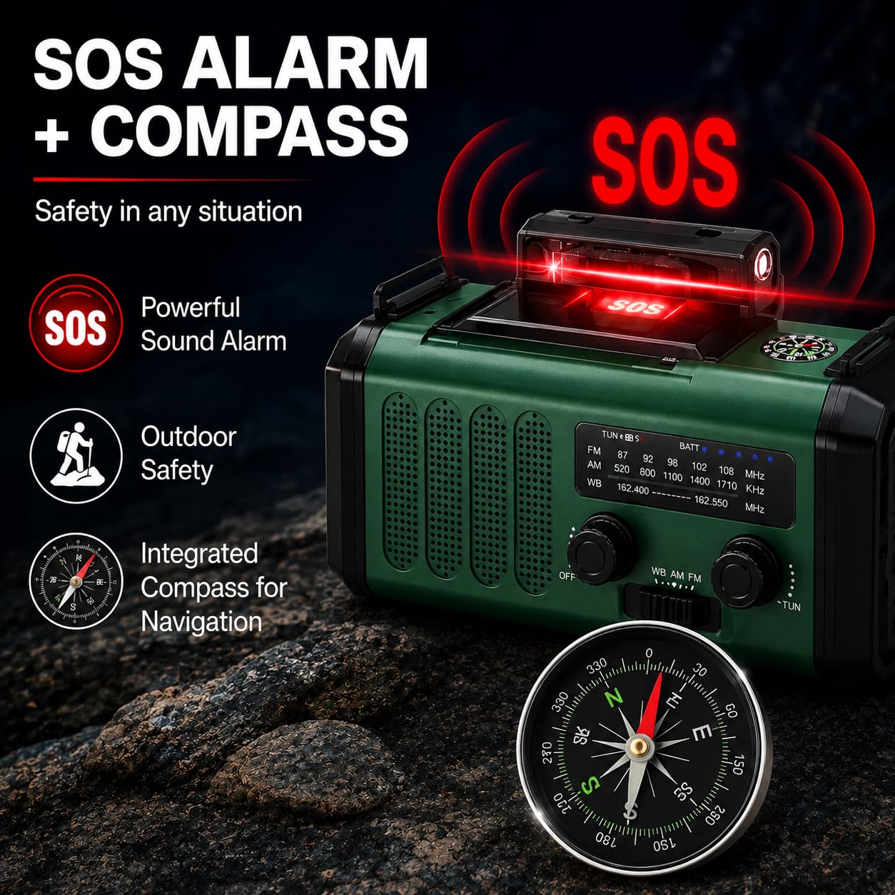 Radio Dynamo Survie 20000mah Radio Solaire SW/AM/FM Radio d'urgence Portable Alarme SOS avec Lampe de Lecture Boussole Générateur à Manivelle et Solaire Charge d'urgence pour Smartphones