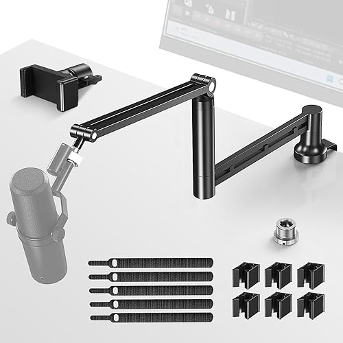 CreaDream Brazo de brazo de micrófono, soporte de escritorio de bajo perfil con adaptador de tornillo, soporte para teléfono, columna de elevación