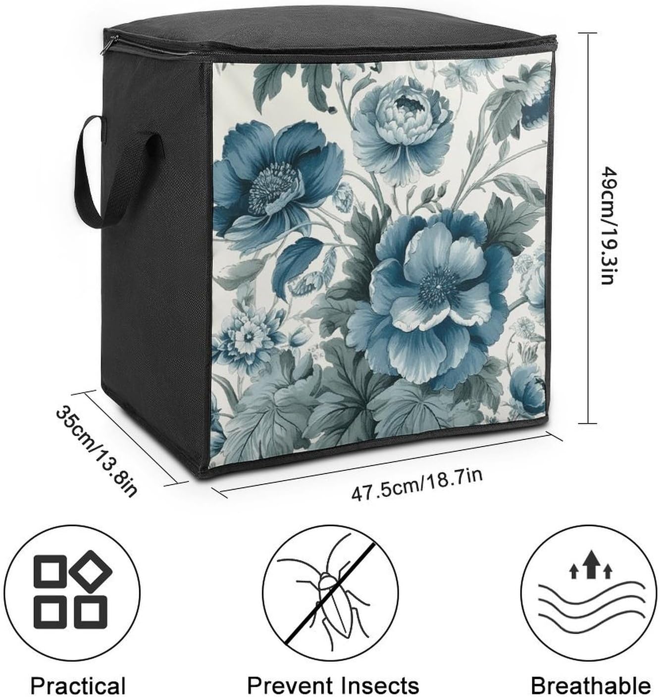 Nostalgic Style Flowers Storage Bags Moving Bags Storage Bins | Comforter Storage Bag Reinforced Handles & Zippers Foldable Closet Organizers and Storage for Blanket Pillow Clothes