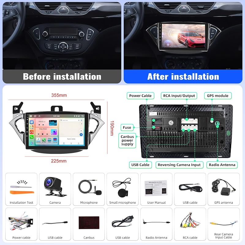 CAMECHO Android 13 Autórádió Opel Corsa/Adam 9" Kijelző Navi CarPlay DSP Bluetooth