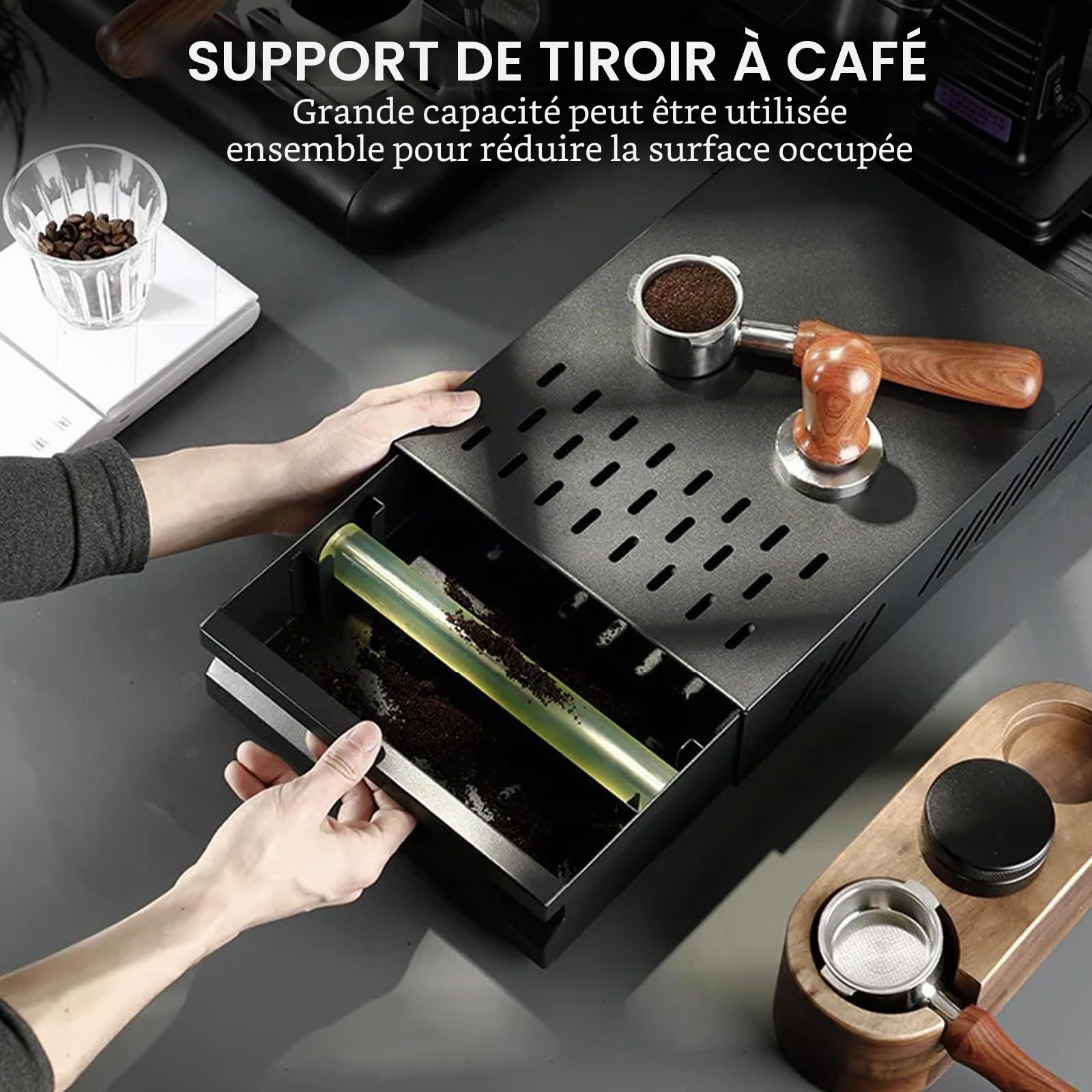Récipient à café - Tiroir à marc de café - Récipient pour porte-filtre - En acier inoxydable - Convient pour toutes les machines à café courantes (noir, 34,5 x 25 x 8 cm)