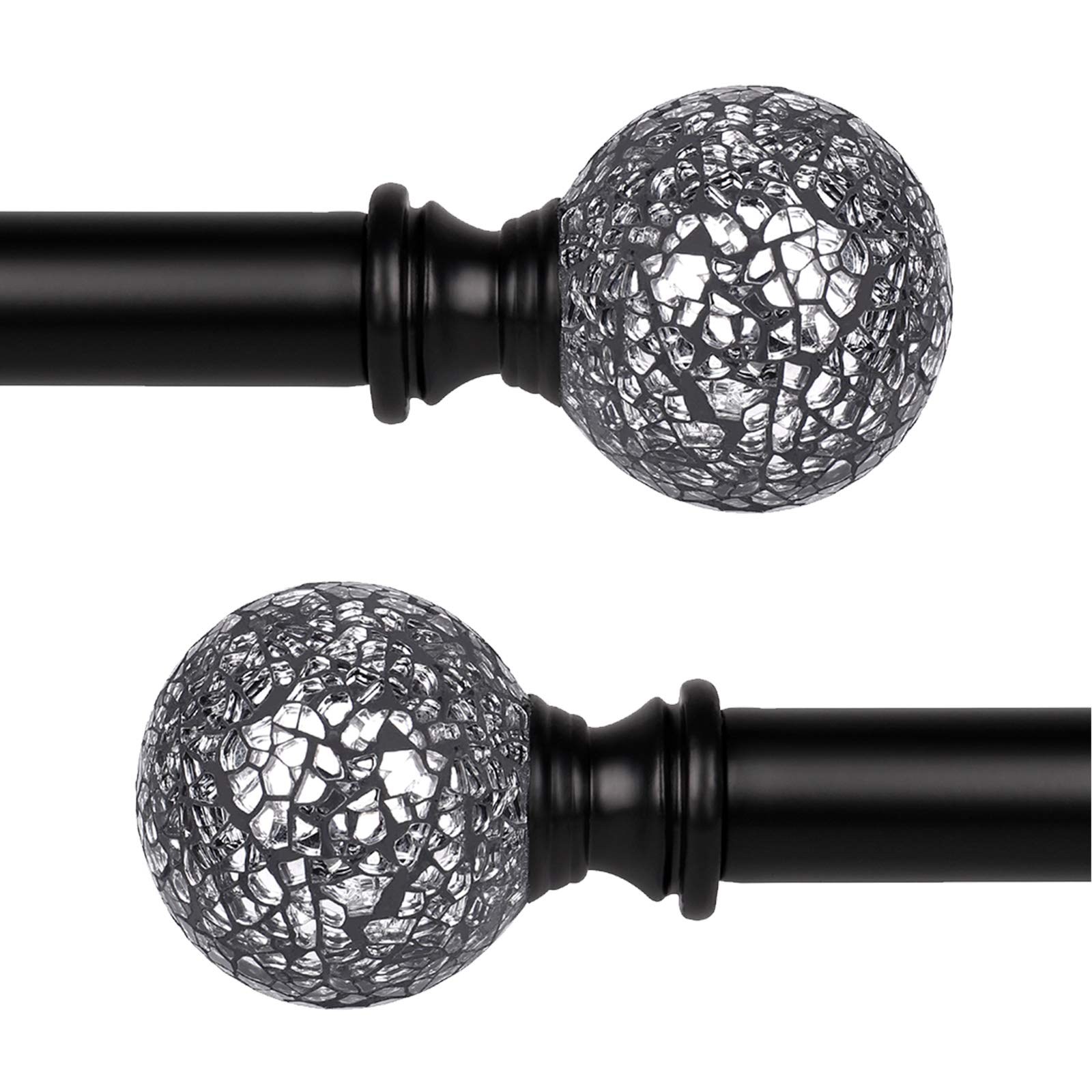 KNOBWELL 2 Pack Window Treatment Sparkling Mosaic Ball Curtain Rod Set, 1-Inch Diameter Decorative Curtain Rods, Adjusts from 42 to 120 Inches, Black