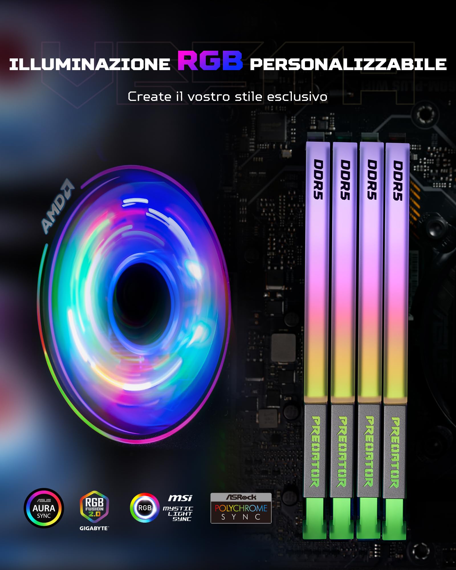 Acer Predator Vesta II DDR5 RGB 32GB (16GB x 2) 6000MHz CL36 - compatibile con Intel XMP 3.0 e AMD Expo - Memoria RAM per computer da gioco PC (Nero)