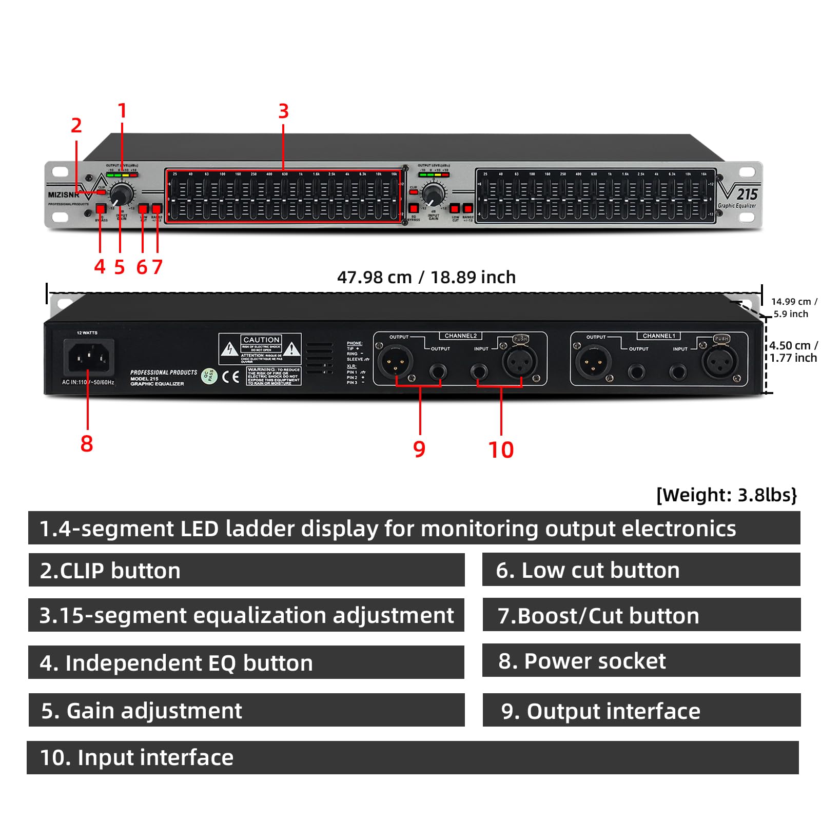 Ecualizador gráfico estéreo de 15 Bandas para Audio doméstico, Ecualizador Profesional de DJ Plateado de Doble Canal, reducción de Ruido de Montaje en Rack de 1U (EQ-215S)