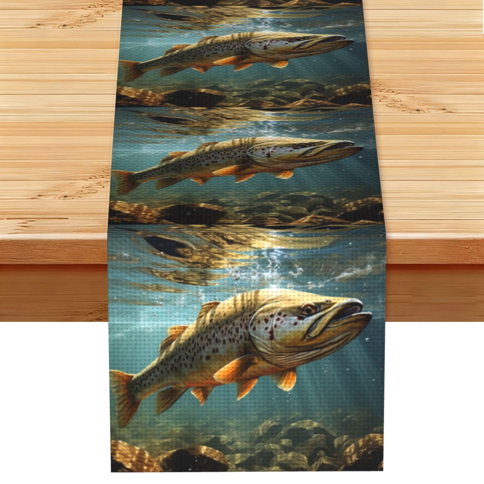 Fish Table Runner 13 x 72 Inches Long, Cotton Linen Table Runners for Kitchen Dining Table Decoration - Washable Tablecloth Modern Tablerunner for Home Party Decor
