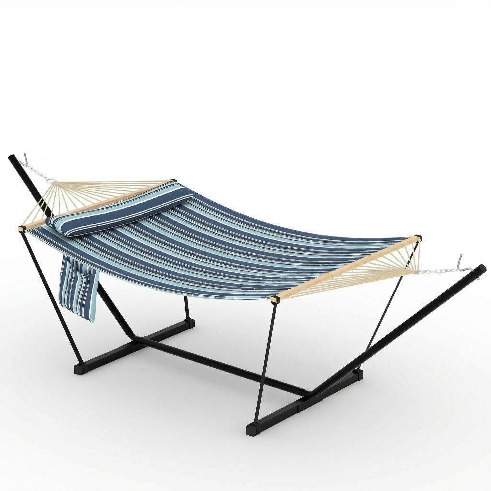 Garvee Double Hammock for 2 Person, 3.6m Large Garden Hammock with Wooden Spreader Bar & Detachable Pillow, 204kg Capacity Outdoor Swing Bed with Chains & T-shaped bracket, Blue Stripes — image 1