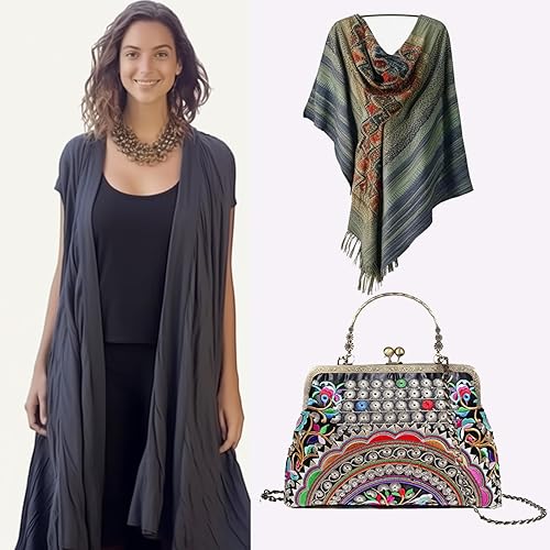 Miniatura 5 de Abuyall Bolso floral con asa superior bolso de noche Kiss Lock para mujer bolso vintage Algodón negro