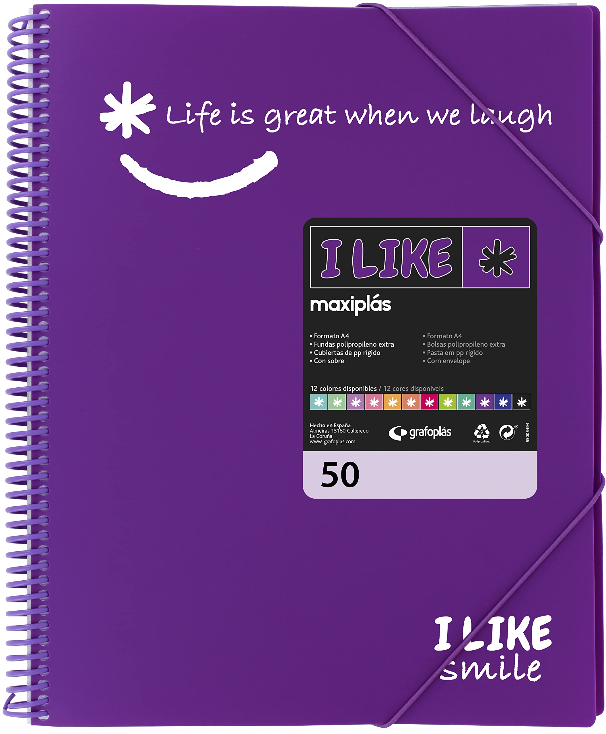 Grafoplás 39225035 Folder, Transparent, A4, Purple, 50 Sleeves, Polypropylene, I Like Smile