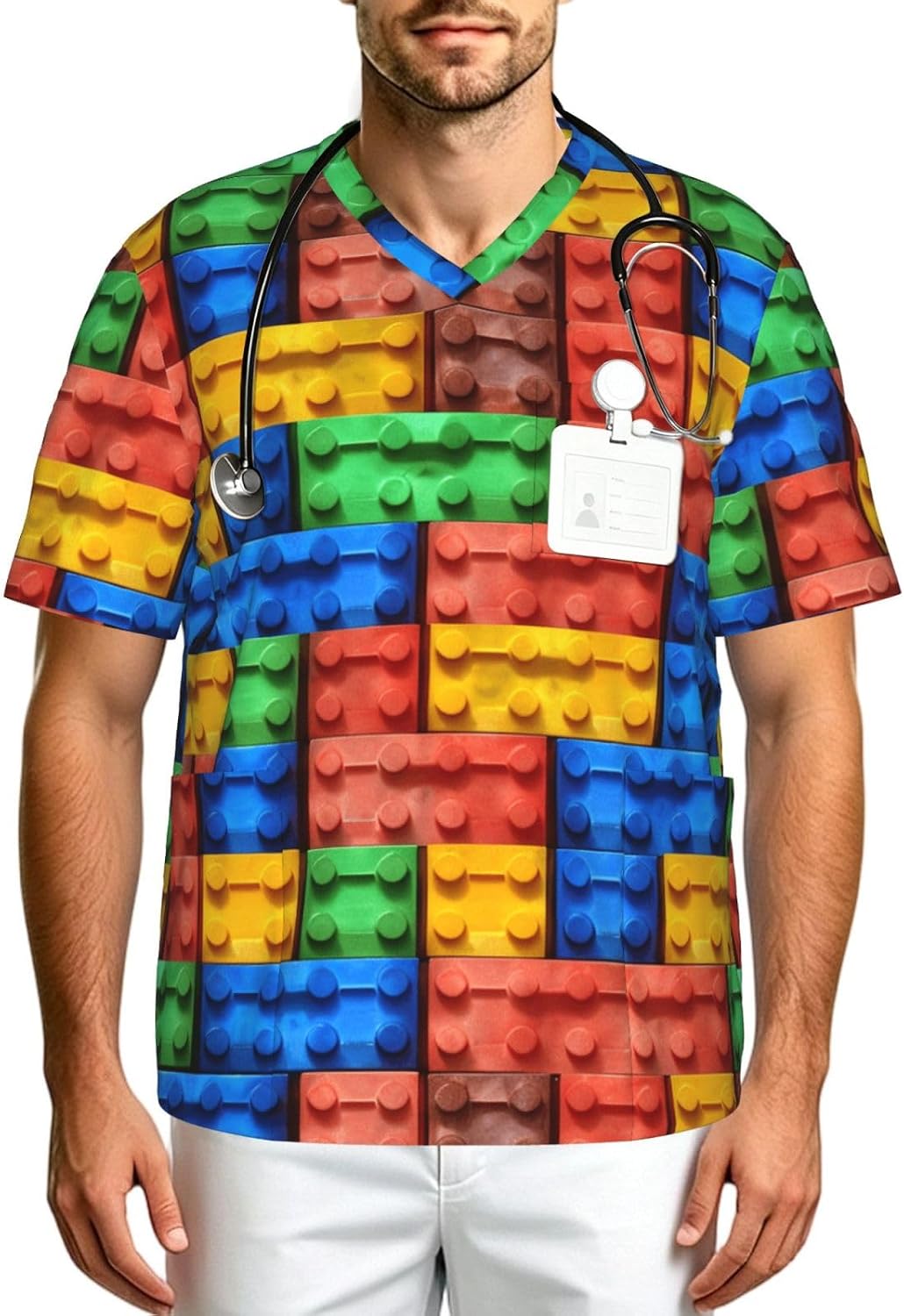 Professional Scrub Tops for Men, Classic V-Neck Workwear with 3 Pockets