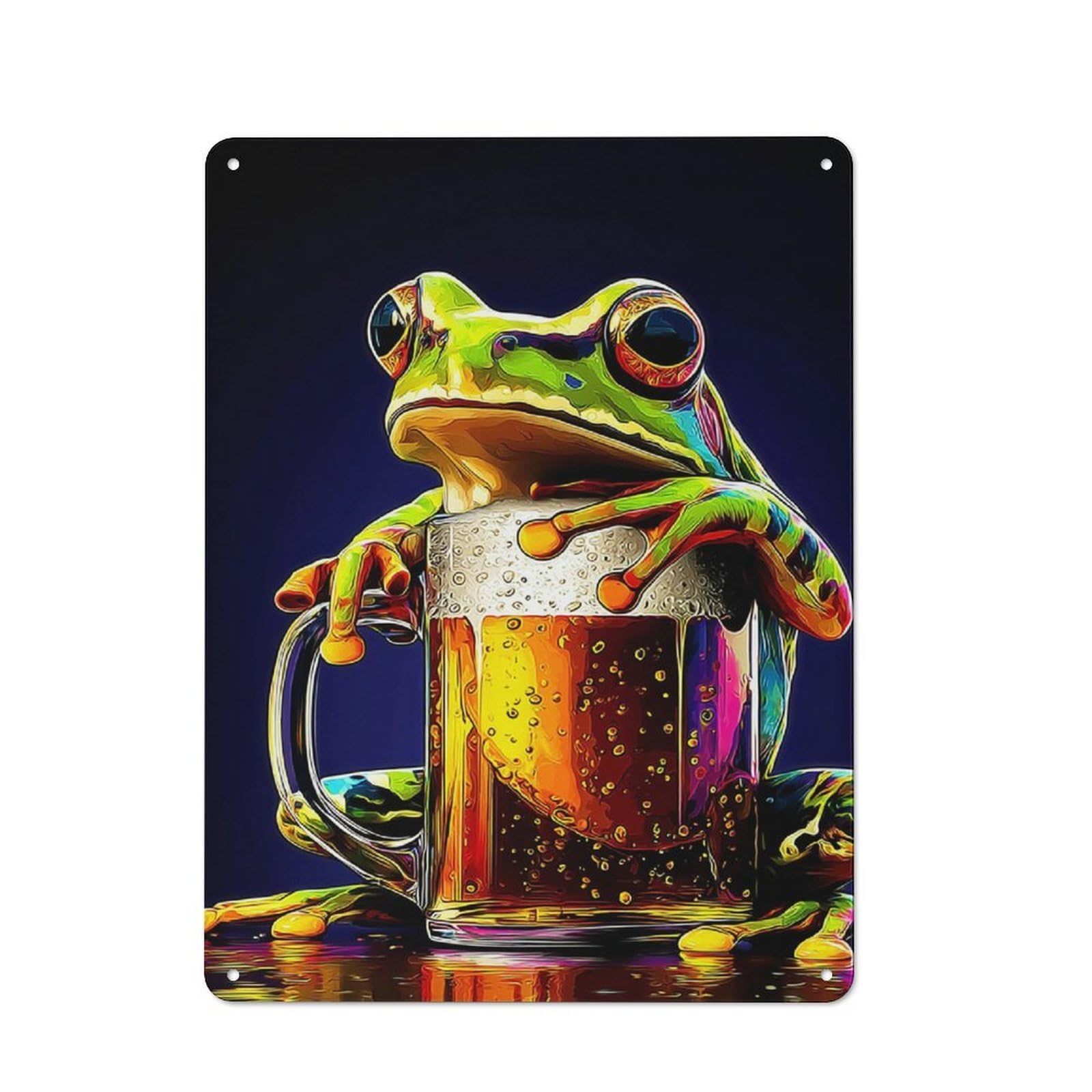 Junmoney Frog Drinking Beer Tin Sign With Design 40X30cm, Vintage Shed Wall Decor For Greenhouse, Garden Room, Cafe Or Entryway