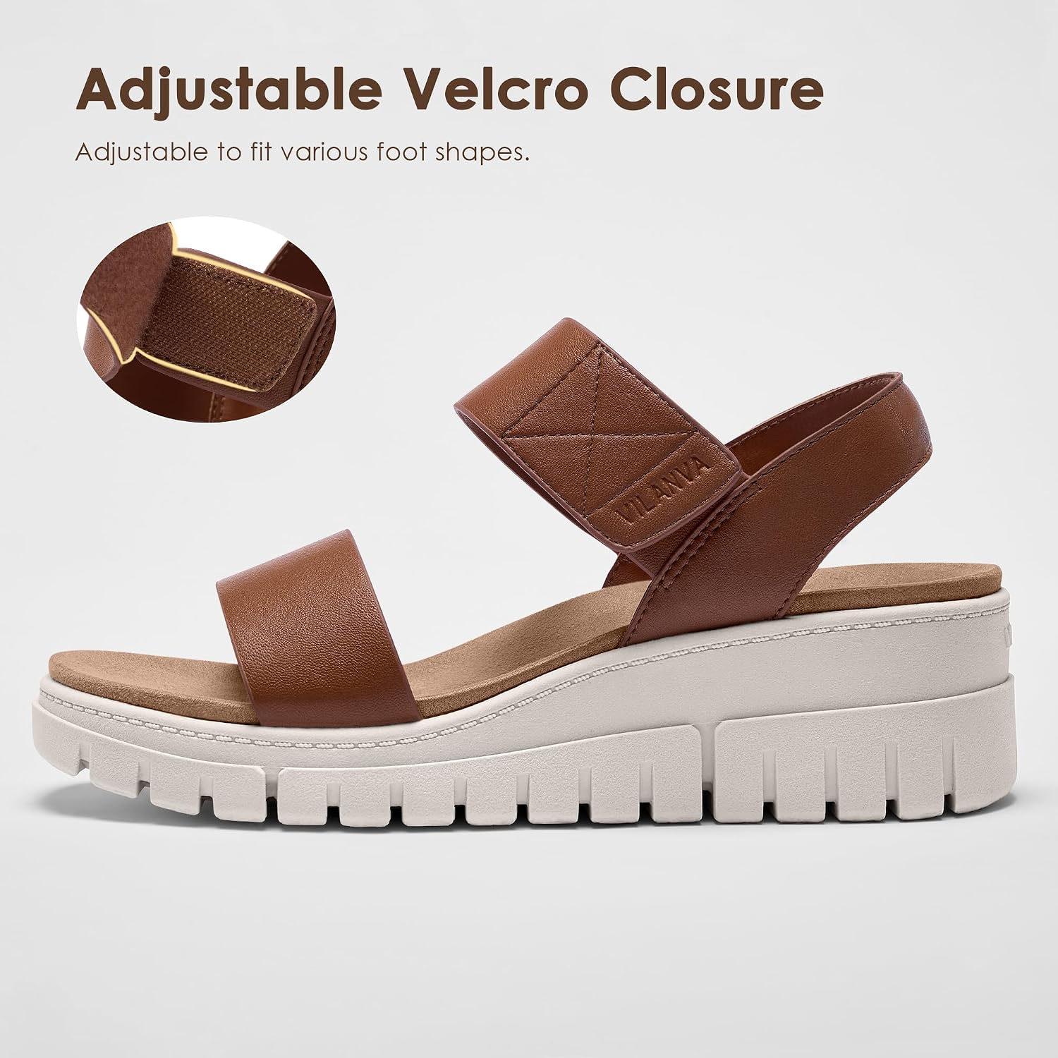 Vilanva Women's Platform Wedge Sandals | Arch Support, Adjustable Velcro, Platform Wedge