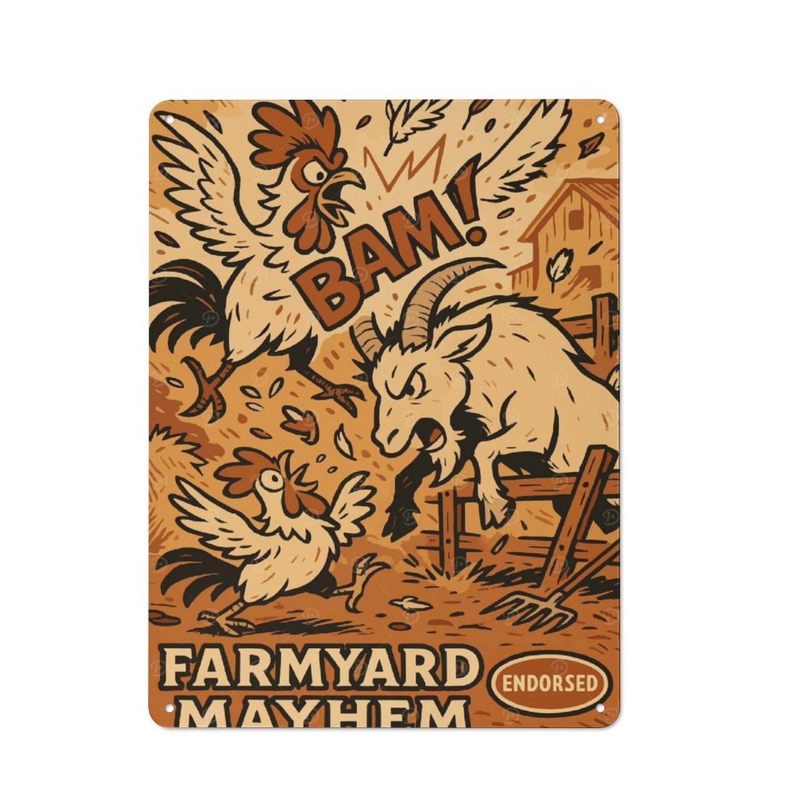 Junmoney Farmyard Mayhem Cartoon Illustration Tin Wall Plaque 40X30cm With For Man Cave Or Games Room, For Garage, Workshop And Man Cave Decoration