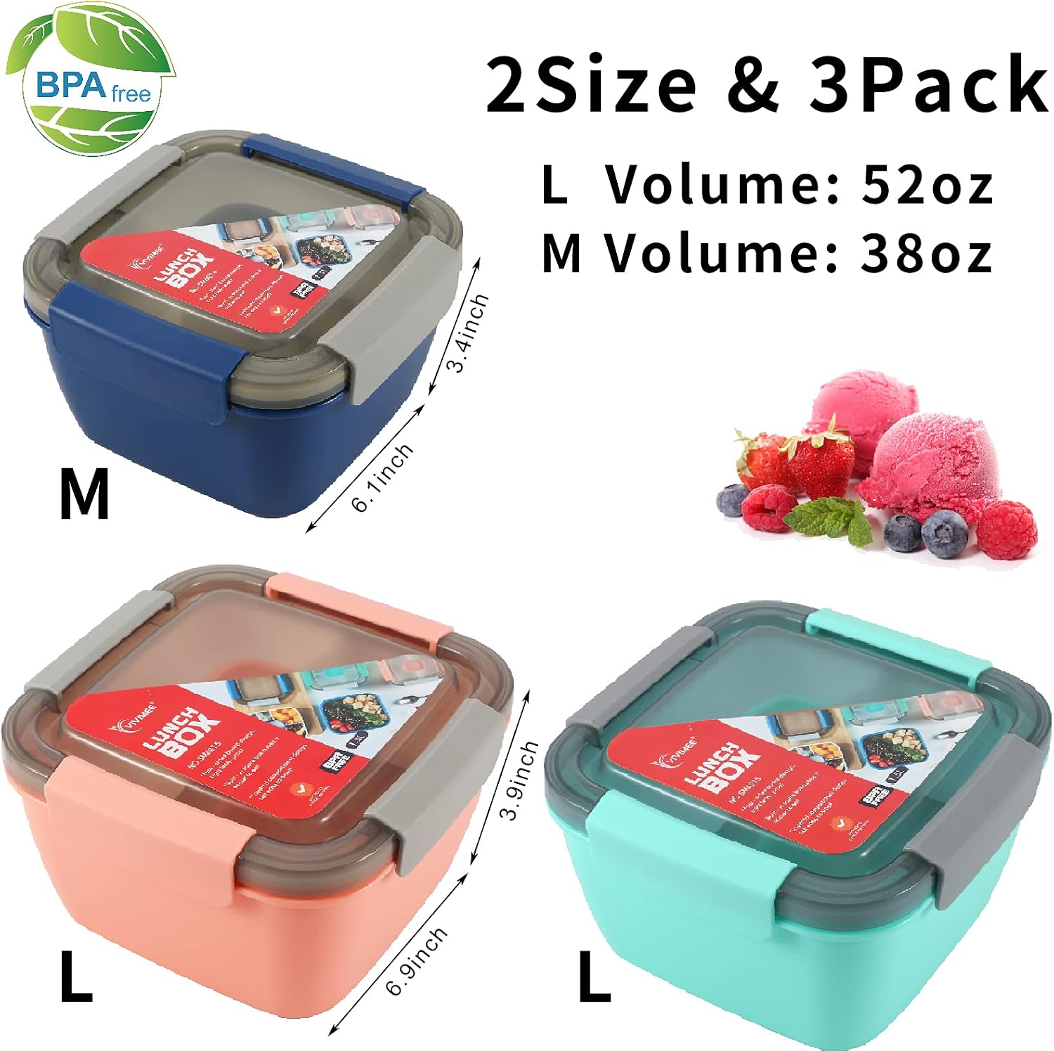 Vivimee 3 Pack Salad Lunch Containers To Go, 52 Oz & 38 Oz Large Lunch Containers, 3-Compartment with Dressing Container, Built-in spoon, Reusable Salad Bowl, Salad Containers for Lunch, Fruit, Snack