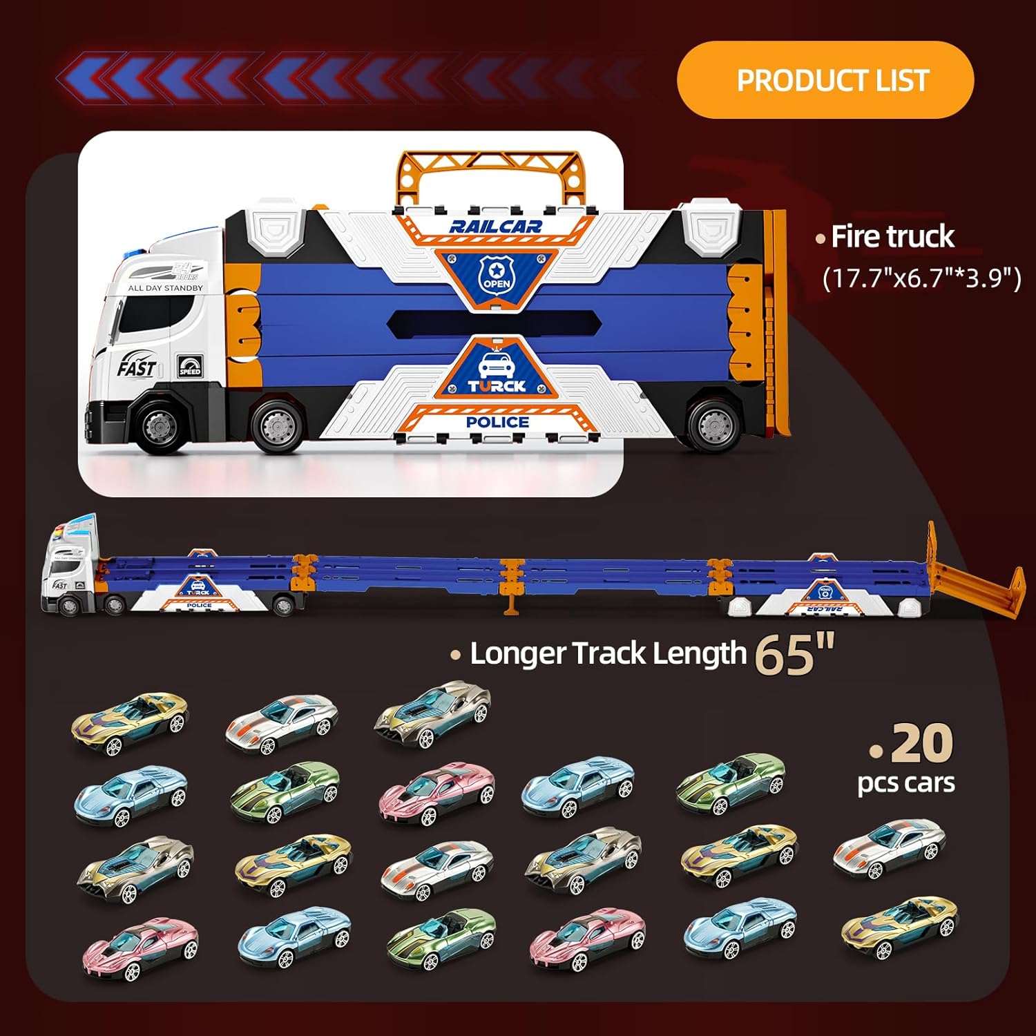Jiakora 65-Inch Race Car Tracks and 20 Car Toys for Kids Boys Toddlers, Boy Toddler Toys Trucks for 3 4 5 6 7 8 Years Old Kids with Lights Sounds, Truck Toys Gift for 3 4 5 6 7 8 Years Old Boys Girls