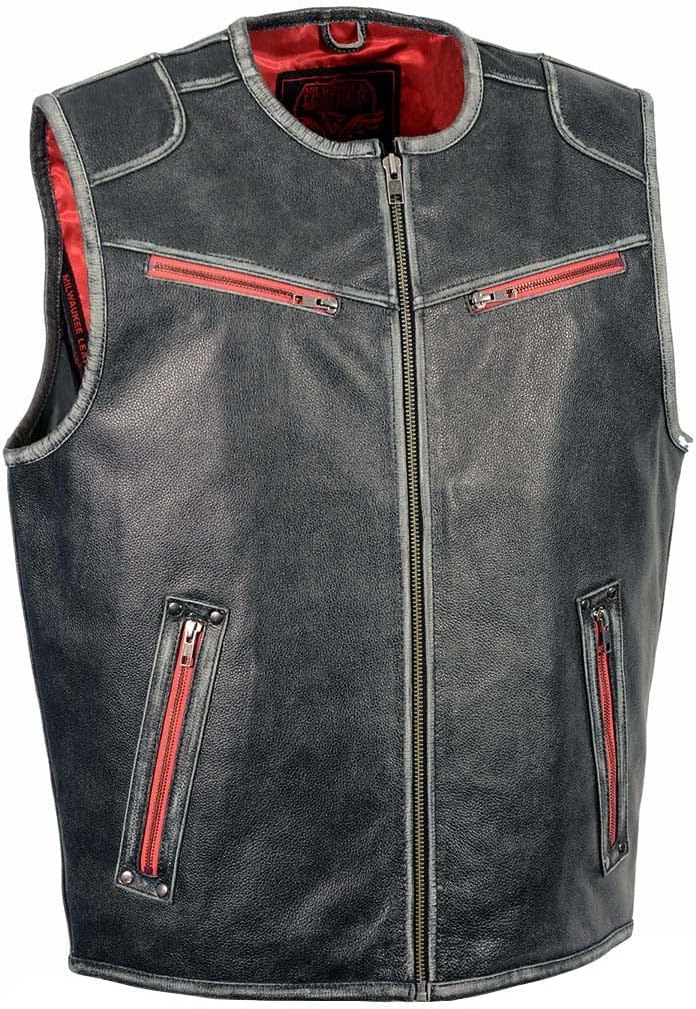 Milwaukee Leather MLM3535 Men's Vintage Grey Motorcycle Leather Vest with Zipper Color Accent
