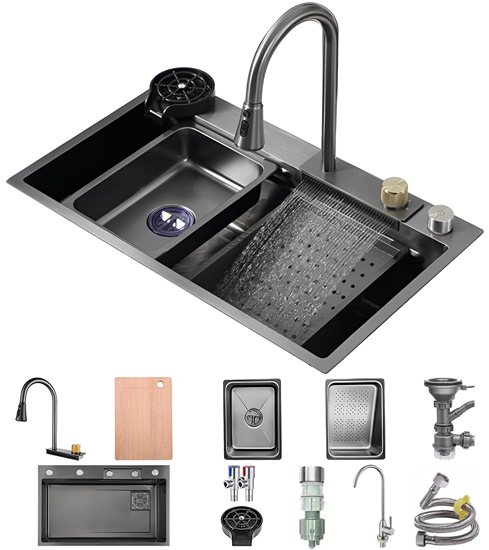 WIQUYBML Stainless Steel Waterfall Sink Multifunctional Single Bowl Kitchen Nano Coated Workstation with 3-in-1 Pull-Out Faucet,Drainage Component,Cup Washer (Color : Black-Grey, Size 75x45x22cm