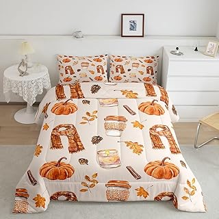 Fall Watercolor Bedding Comforter Sets Full For Home,Autumn Orange Maple Leaves Pumpkin Quilt Comforter Hand Drawn Coffee Cinnamon Scarf Candle Duvet Insert For Kids Boys Girls,Soft Warm Beige 3 Pcs