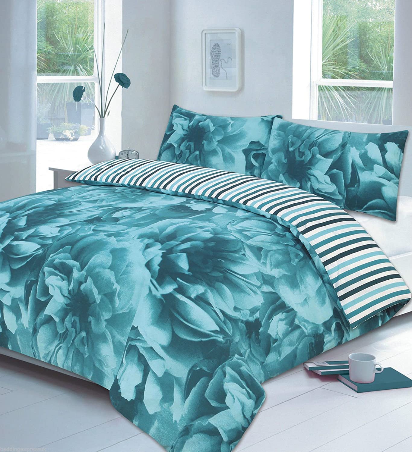 Nightzone Teal Floral Duvet Cover Set Double Bed With Pillowcases Quilt Bedding Set Reversible Poly Cotton, Rose (, King)