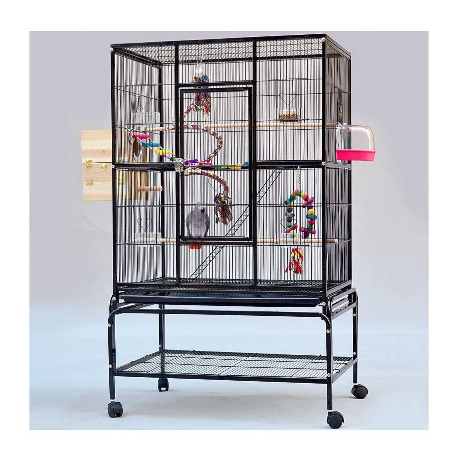 Nido de Jaula para pájaros de Hierro, Jaula de exhibición para Mascotas, Jaula para periquitos Lovebird, Jaula para pájaros para Mascotas con Escalera, Juguetes y Ruedas Colgantes,Black
