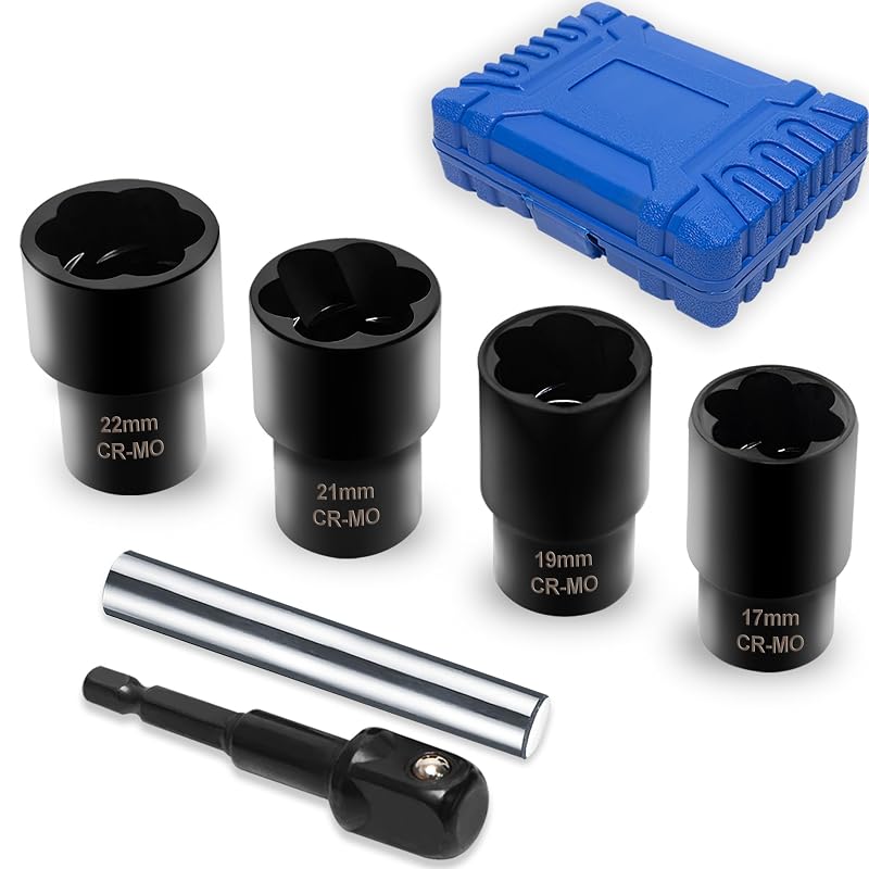 Kit extrator de porcas e parafusos danificados com soquetes de impacto em aço CR-MO, acionamento de 12,7 mm (1/2 pol.), 17–22 mm, Vouyar, 6 peças