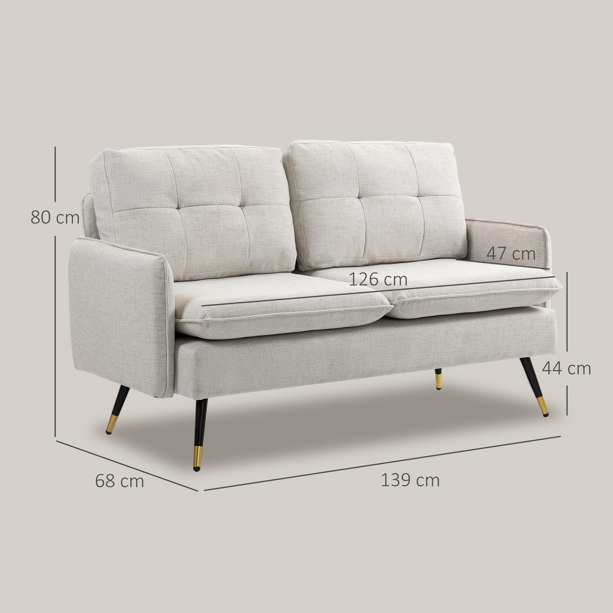 HOMCOM Sofá de 2 Plazas Tapizado en Lino Sofá de Salón 139 cm con Cojines Reposabrazos y Patas de Acero para Dormitorio Oficina Carga 240 kg Crema