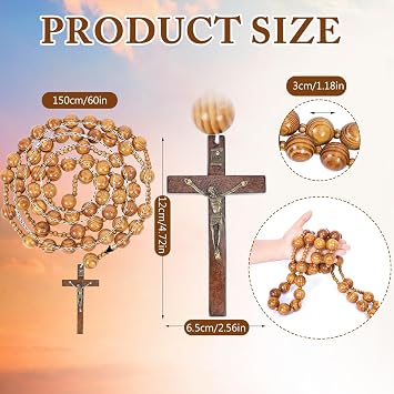 Bucherry 59 Inches Super Jumbo Holy Mix Beads Wall Display Solid Wood Rosary Catholic Holy Big Mix Beads Wall Rosario Natural Wood Chain Jesus Cross(Brown)