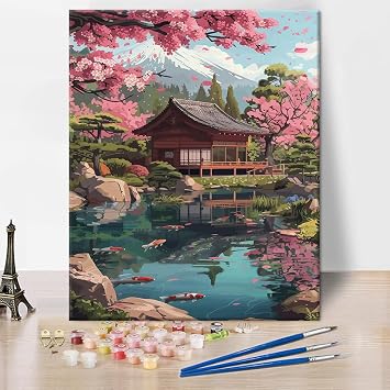 Rebotipy Japanese Mount Fuji Paint by Numbers و Cherry Trees و Koi Carp Paint by Numbers Kit for Adults، Japanese Garden DIY Paint by Number for Adults Beginners Enthusiasts 16x20inch Frameless