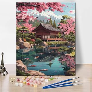 Rebotipy Japanese Mount Fuji Paint by Numbers, Cherry Trees and Koi Carp Paint by Numbers Kit for Adults, Japanese Garden DIY Paint by Number for Adults Beginners Enthusiasts 16x20inch Frameless