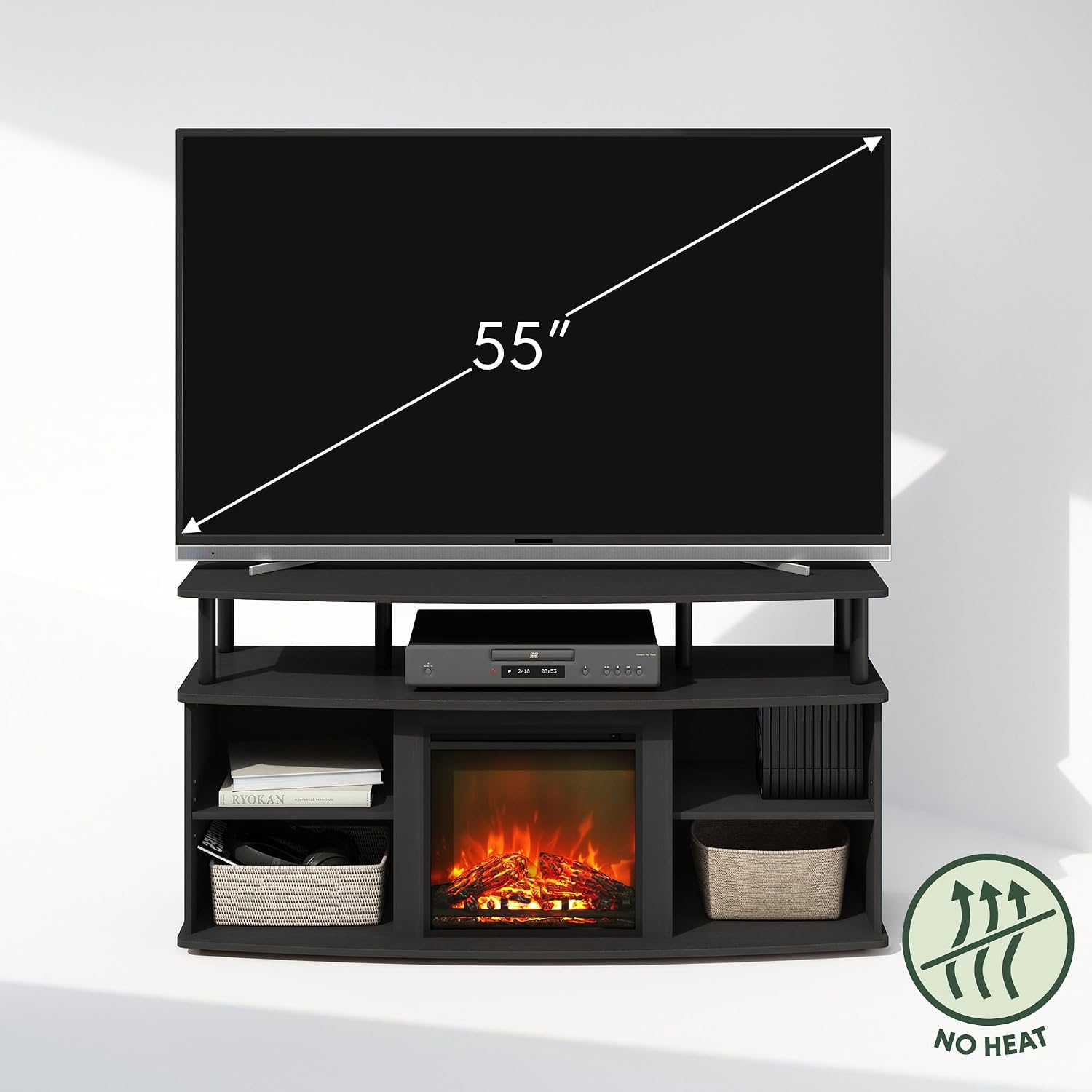 Furinno Jensen Fireplace TV Stand, NO Heat Decorative Electric Fireplace Corner TV Stand for TV up to 55 Inch, with Open Shelving Storage, for Living Room, Americano/Black