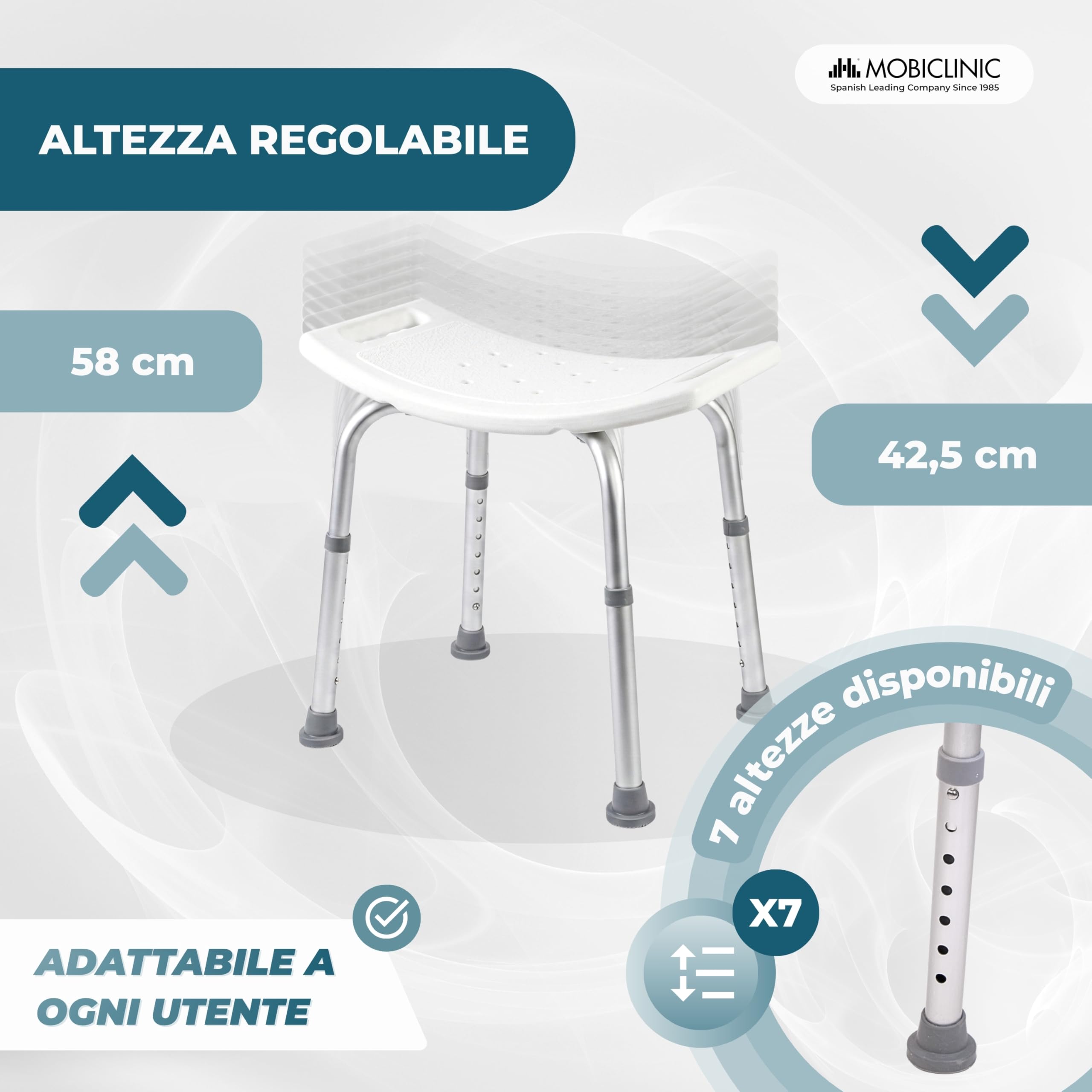 Mobiclinic®, Sgabello da Bagno, Piedini Antiscivolo, 7 Altezze Regolabili, Sedile a Forma di U, Fori di Drenaggio, Portata Massima 100 kg, Leggero, Facile da Montare, Alluminio, San Fermín
