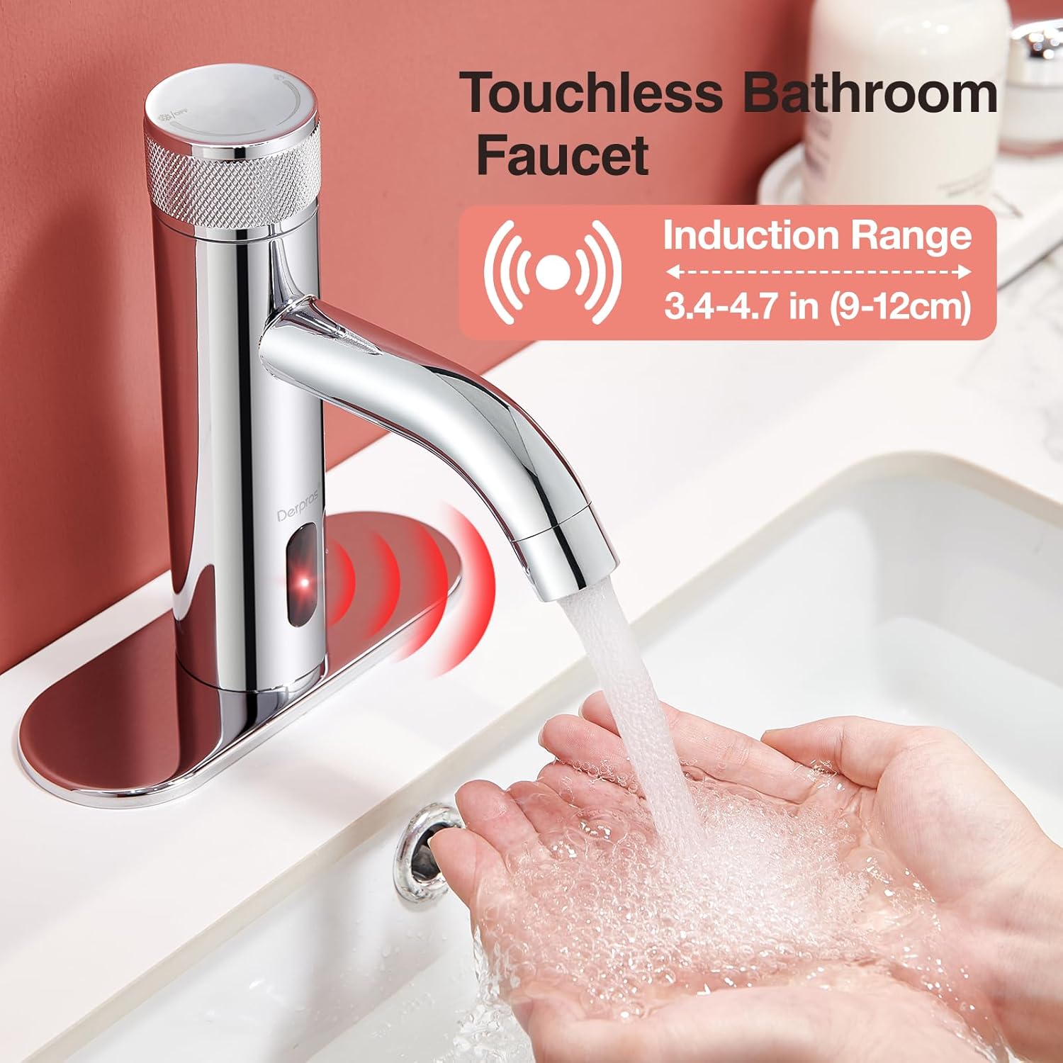 Touchless Bathroom Faucet with Automatic Sensor Function, Bathroom Sink Faucet with Hole Cover Plate, Countertop Temperature Adjustment, Chrome - Image 2