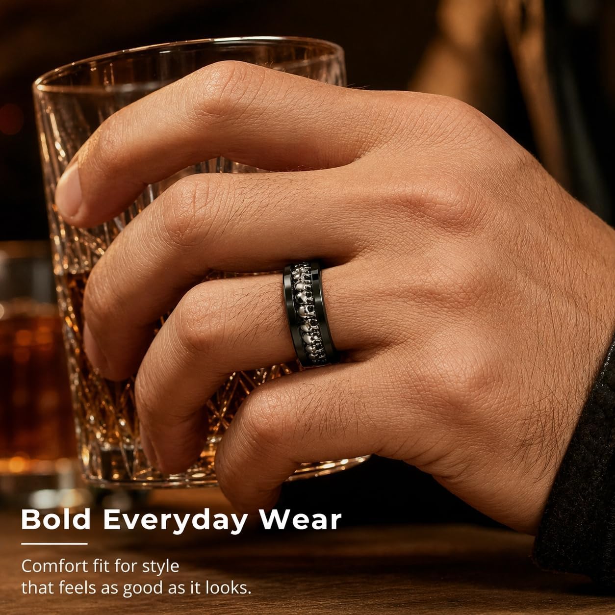 NUNCAD Personalized Mens Rings Sterling Silver Skull Inlay Black/Silver Tungsten Carbide Band 8mm Gothic Demon Skeleton Engraved Band Viking Jewelry Gift Comfort Fit Size 8-13