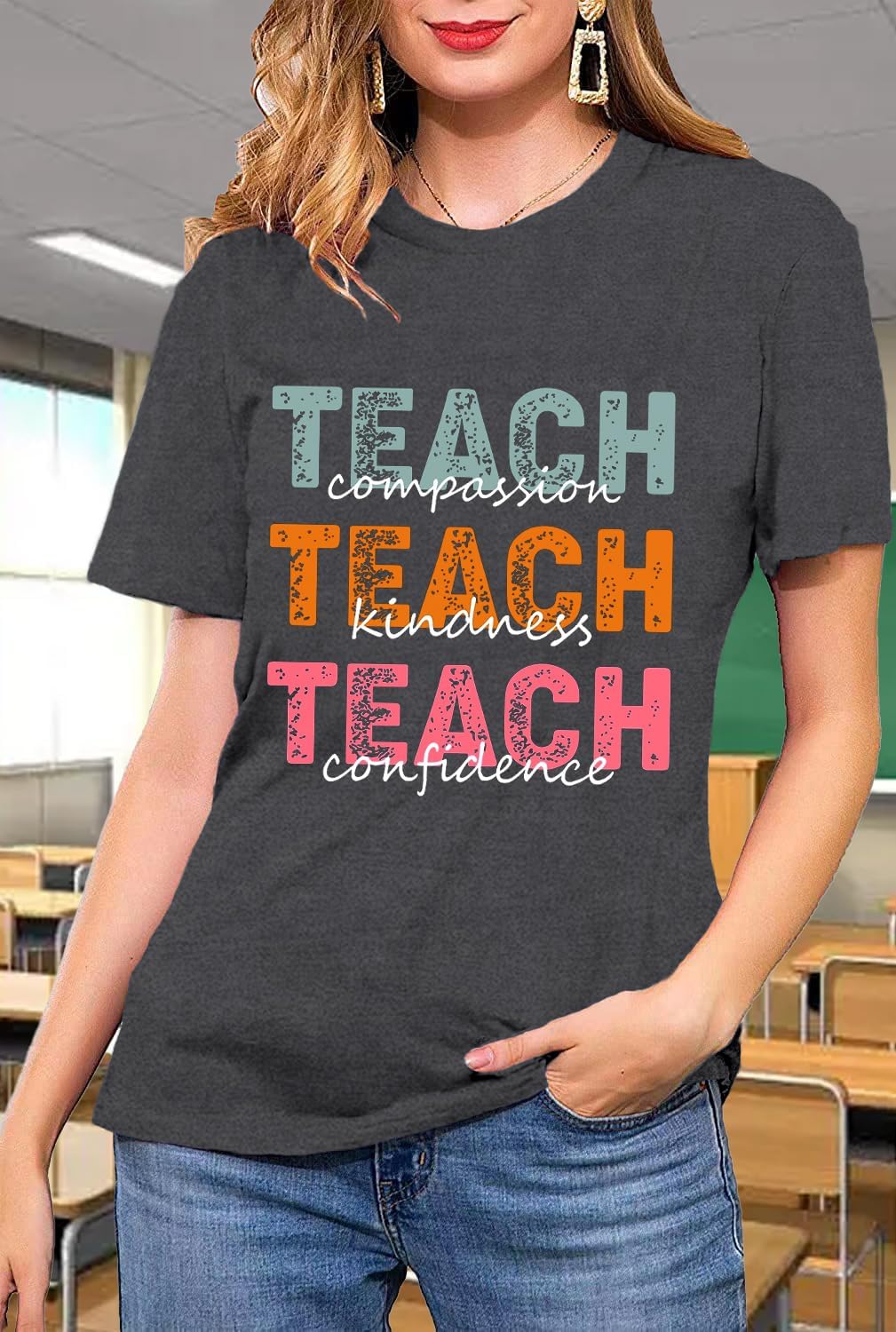 Womens Teacher Life T-Shirt Kindness Teaching Tee Tops Thankful Teachers Shirt - Image 3