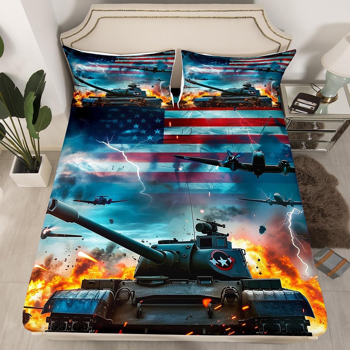 American Flag Fitted Bed Sheets Tank Gun Bedding Sets Military Theme Fitted Sheet Set For Teen Boys Adults Men Camouflage Bedroom Fighter Plane National Flag Aircraft Deep Pocket 2 Pieces Twin Size