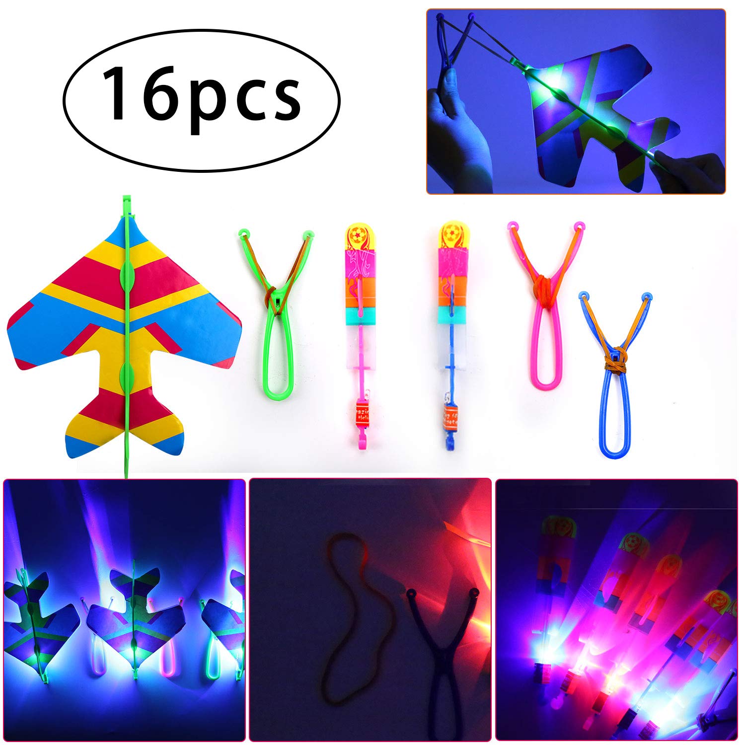 IAMGlobal Rocket Helicopter, Slingshot LED Copters, Rocket Slingshot, Led Helicopter Flying Toys, Slingshot Arrows Party Favors, 8 Slingshot Rockets, 8 Slingshot Plane (16 pcs)
