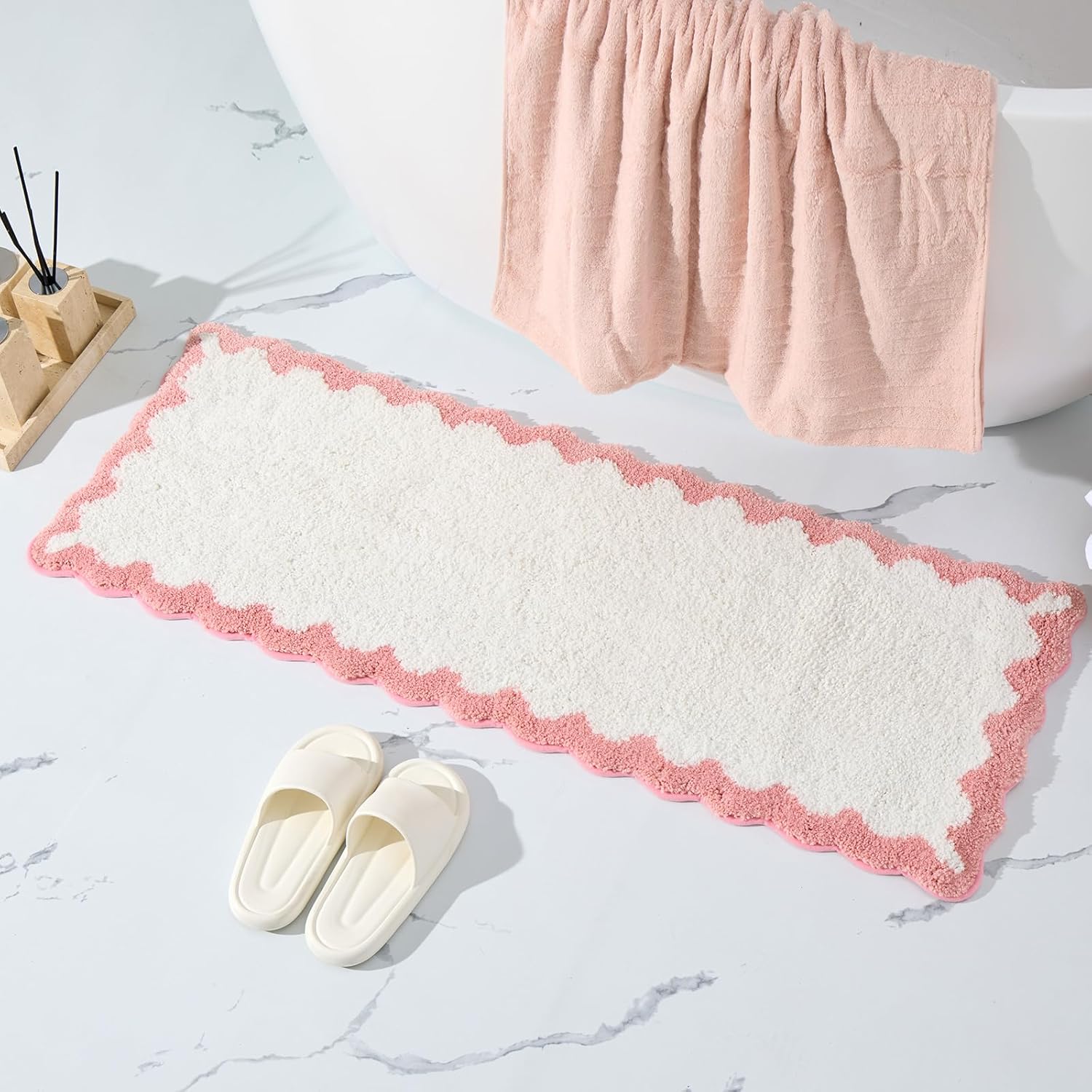 ORTIGIA Long Cute Scalloped Bathroom Rugs Runner, Fun White and Pink Plush Microfiber Scallop Bath Mats Non Slip Washable Quick Dry Absorbent, Rug Carpet for Bathtub Sink Laundry Room Bedroom, 17x47 1'5" x 3'11" Pink and White