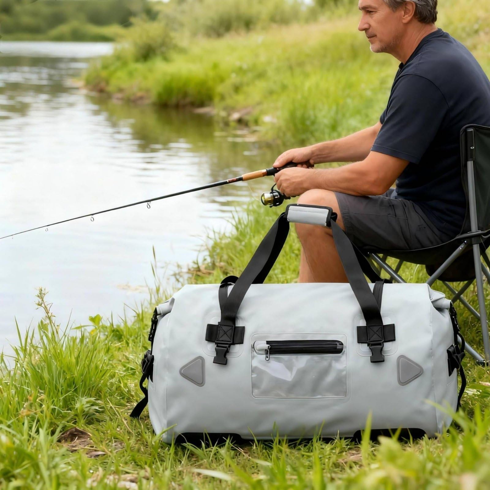 Qianly Borsone Impermeabile da 60L Grande Capacità Borsa da Viaggio Arrotolabile Resistente Borsa Motocicletta in PVC per Campeggiatori, Sport Acquatici, Array, Grigio, 70L