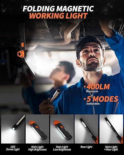Miniatura 8 de Luz de trabajo LED, luz mecánica plegable de 400 lúmenes, linterna recargable con 5 modos, rotación de 230 y gancho luz magnética para reparación de