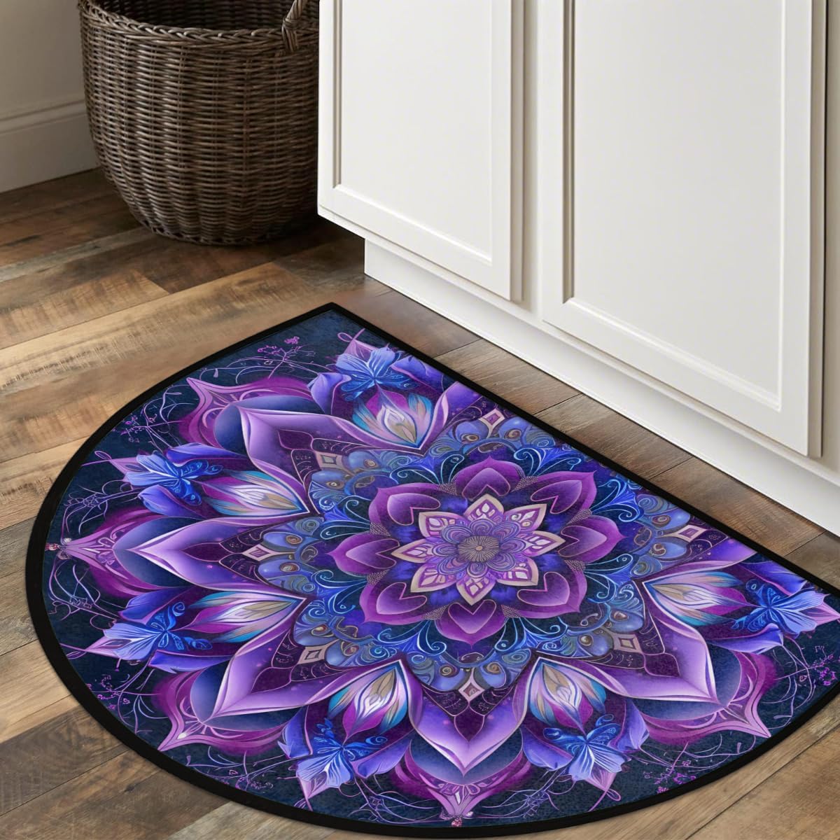 cfpolar Half Round Door Mat Purple Ethnic Mandala Non-Slip Semi Circle Area Rug Washable Semi Circle Floor Rug for Indoor Outdoor Living Room Bathroom Kitchen Patio Hearth Rugs Home Decoration