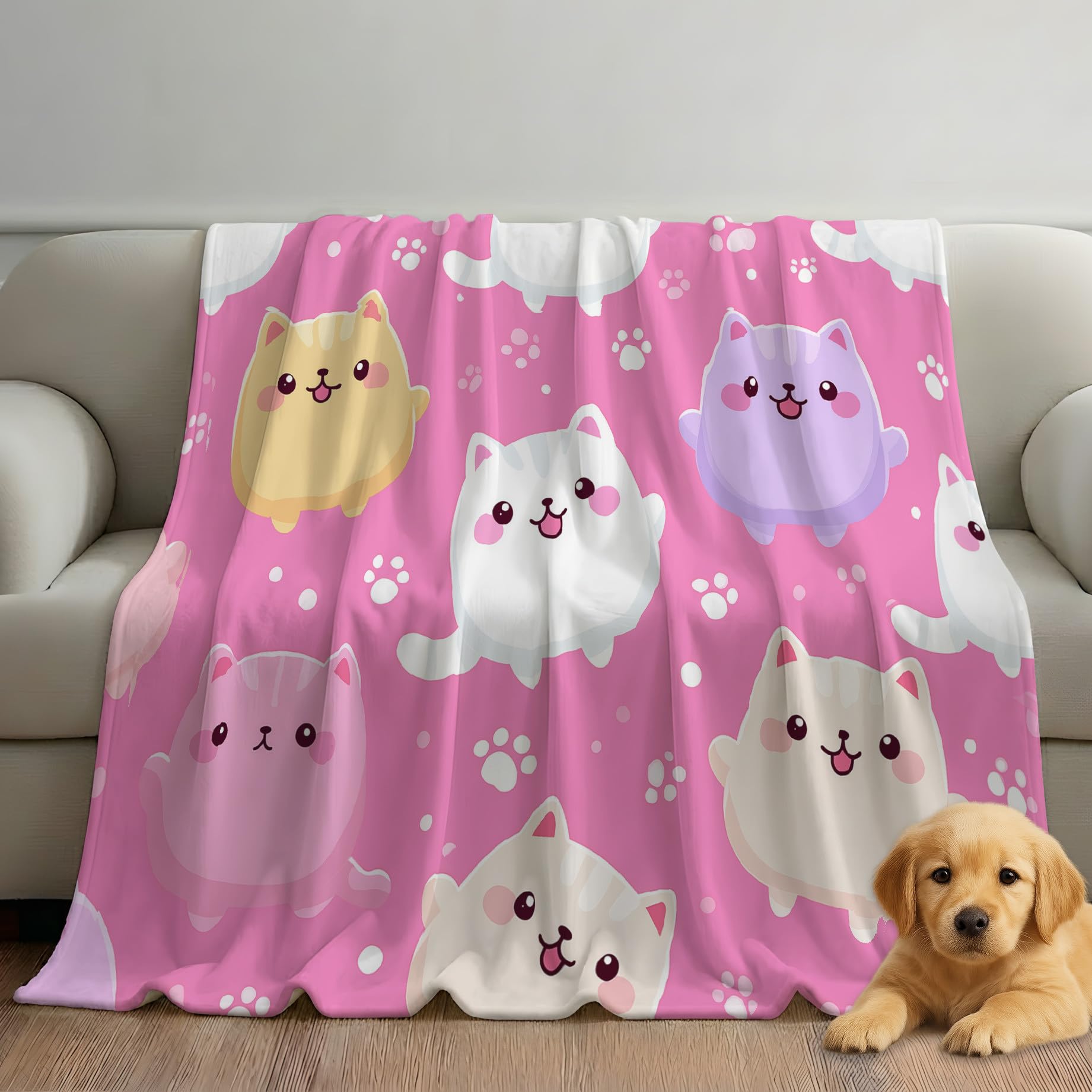 Genérico Oryginalne i zabawne prezenty - różowe brzoskwiniowe koce na walentynki Boże Narodzenie rocznica - Premium Microfiber krata koty śliczne łapy koc flanelowy 150 x 200 cm