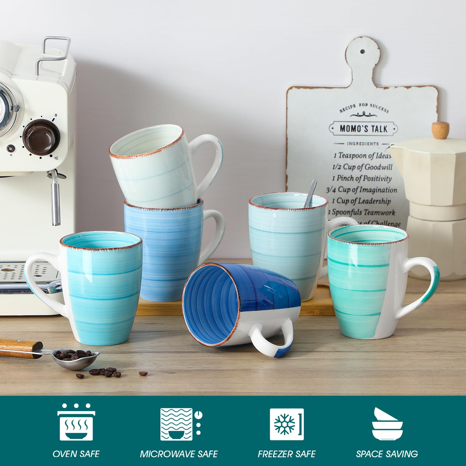 vancasso BONITA Set 6 Tazas de Café, 500 ml Tazas Desayuno Mugs, Juego de Tazas de Leche de Gres, Tazas Grandes Ceramica, Microondas y Lavavajillas, Pintados a Mano de Estilo, Azul