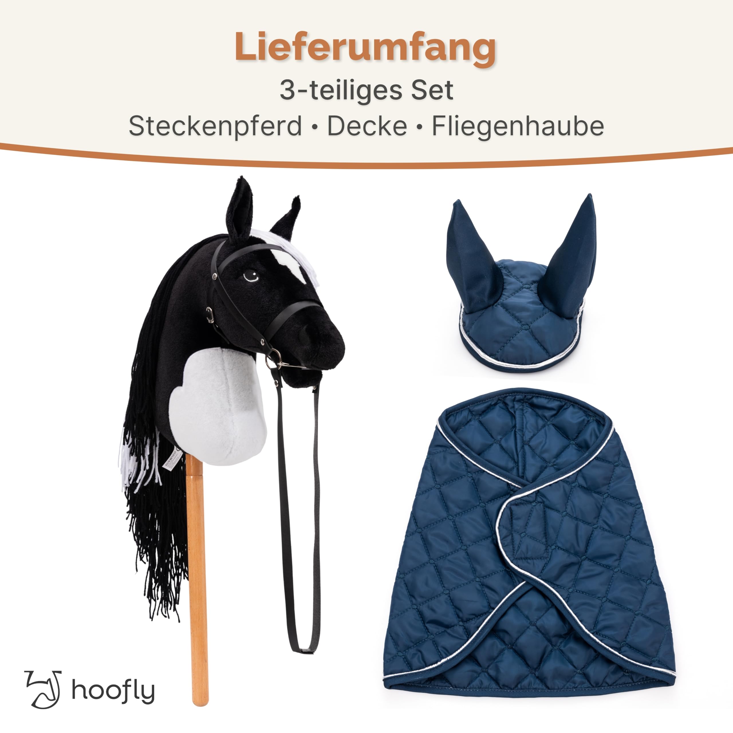 Hobby Horse Set – Großes Steckenpferd für Kinder mit Decke & Fliegenhaube | Komplettes Hobby Horsing Set mit Trense & 35 cm Schraubstab | Schwarzes Pferd – Blaues Zubehör