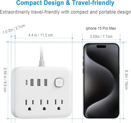 Miniatura 3 de Cable de extensión con protector de sobretensiones  Barra de alimentación trenzada de enchufe plano con 6 tomas amplias y 4 puertos USB (1 USB C),