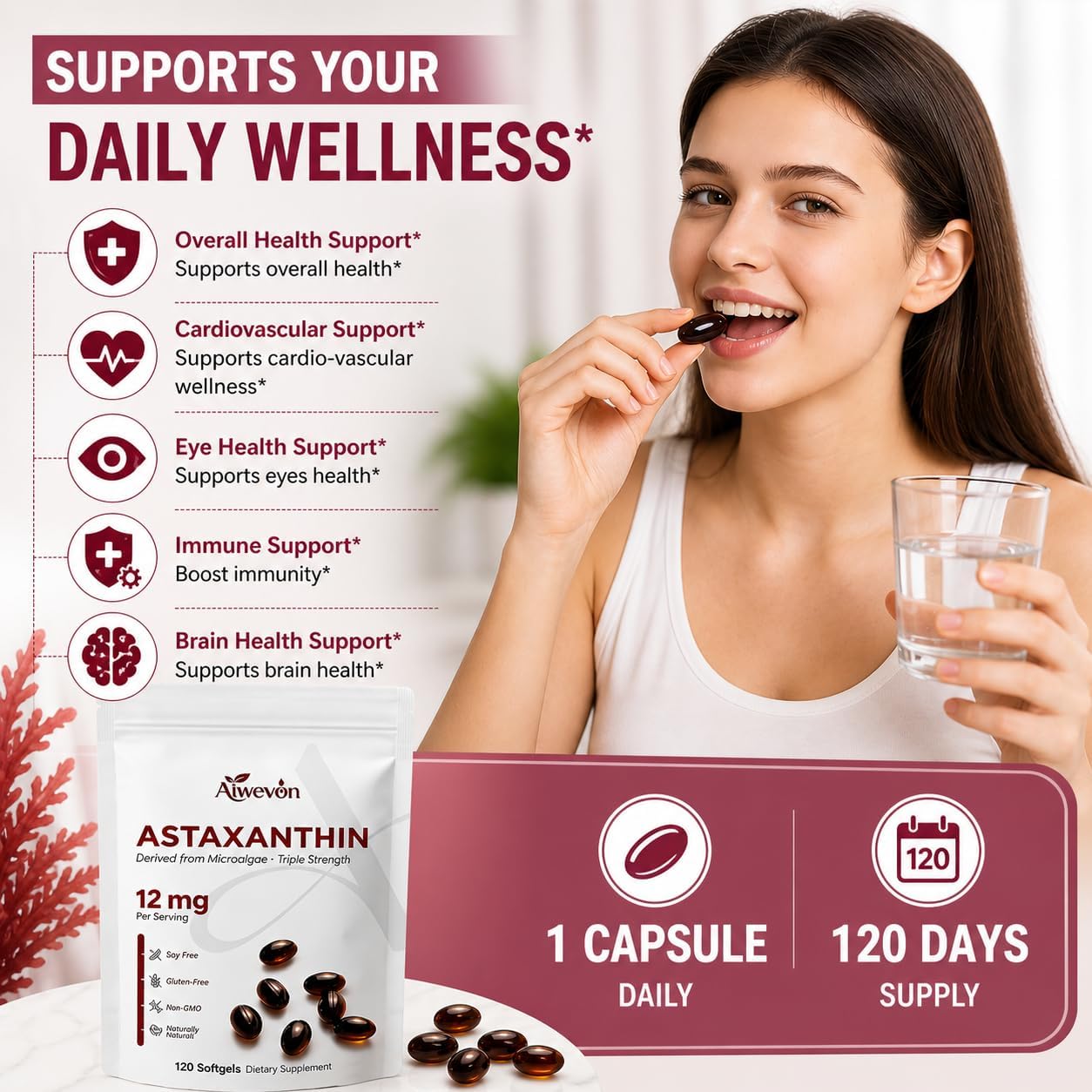 High Potency Astaxanthin 12mg 120 Softgels, Natural Astaxanthin Supplement from Microalgae with MCT Oil, Powerful Antioxidant Support for Healthy Aging Energy Skin Eye Joint Wellness, Non-GMO