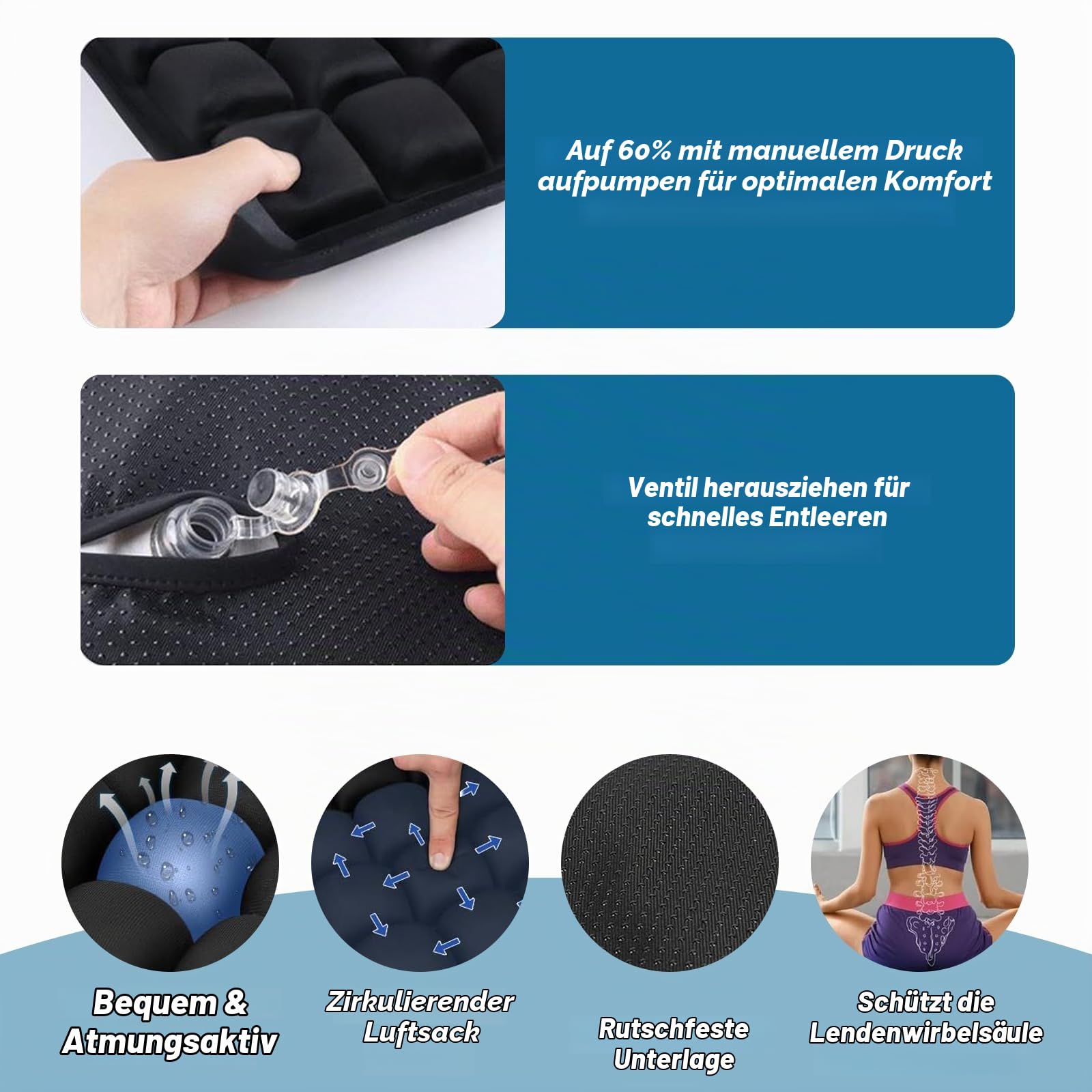 Antidekubitus Sitzkissen, Aufblasbares Ergonomisches Sitzkissen mit 3D Luftzellen für Steißbein Entlastung bei Langem Sitzen, für Bürostuhl, Autositz, Rollstuhl, Reise (45x40cm, Schwarz)