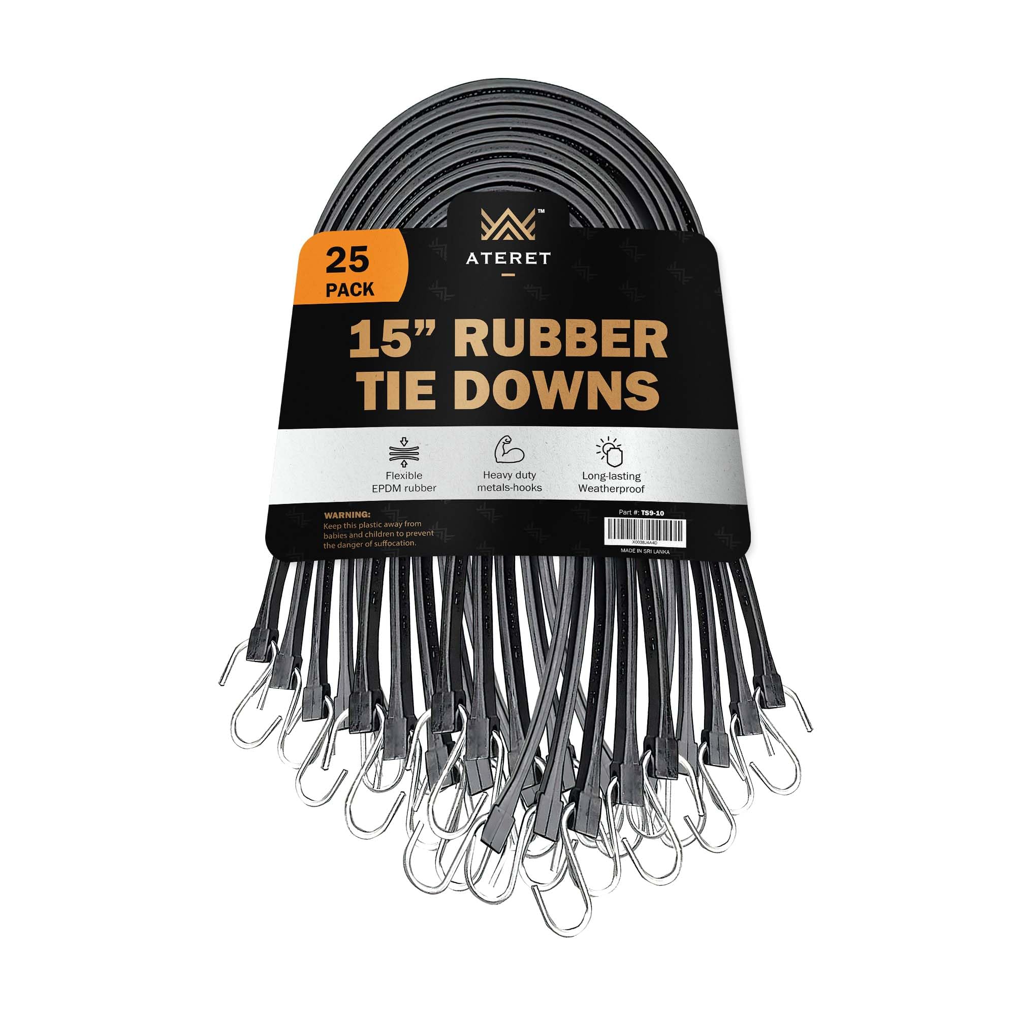 ATERET Rubber Bungee Cords with Hooks I 15 Inch, 23" Max Stretch I Heavy-Duty Black Tie Down Straps for Outdoor, Tarp Covers, Canvas Canopies,