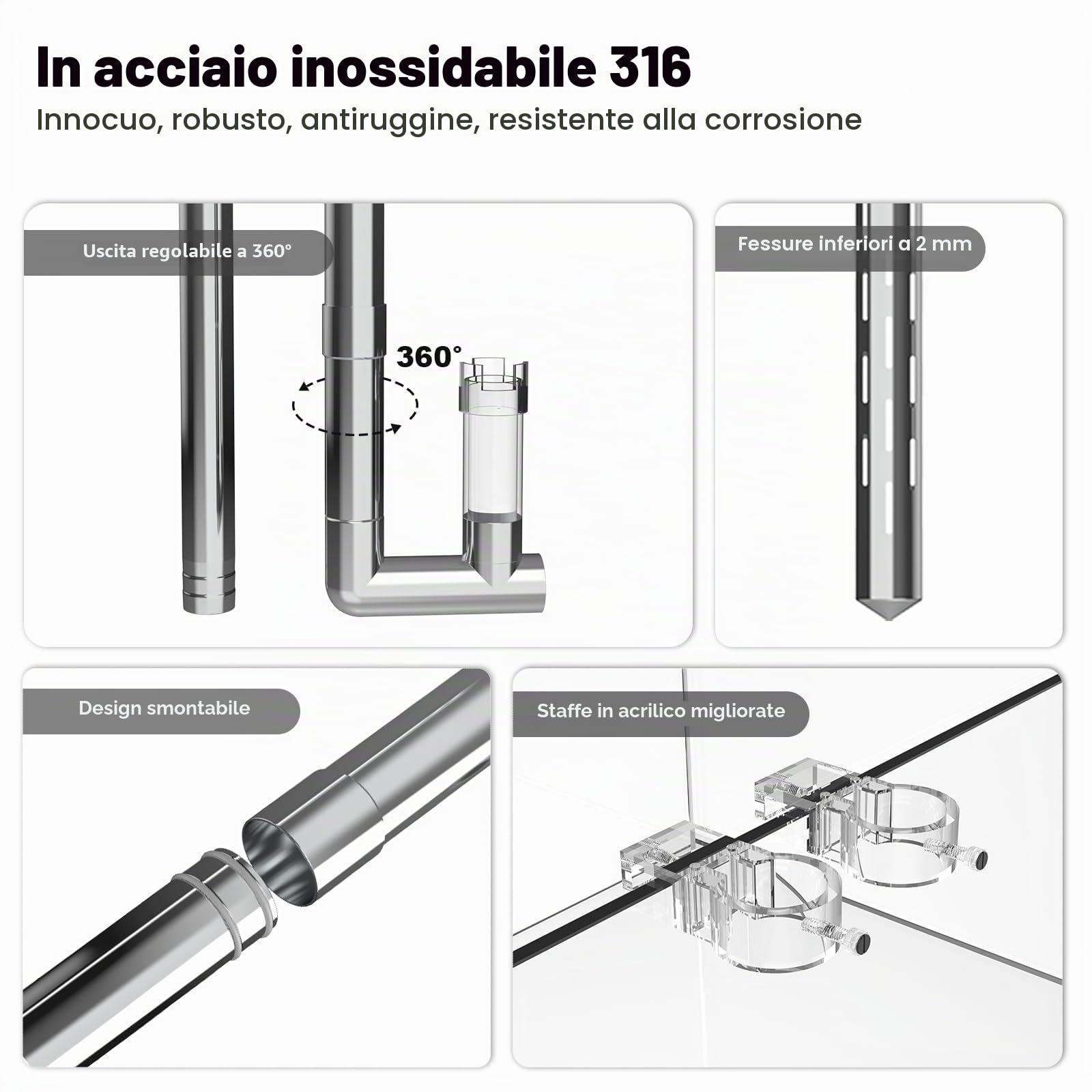 FZONE Lily Pipes in Acciaio Inox per Acquario, Uscita Migliorata con Skimmer di Superficie E Tubo di Estensione Rimovibile 11 cm per Tubo 1/2" (12 mm) Ingresso E Uscita