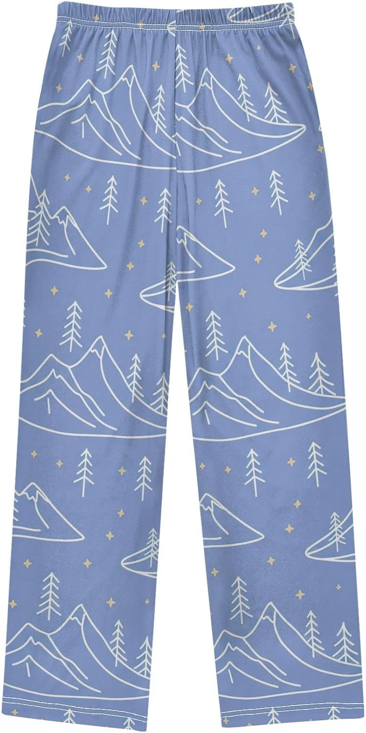 Minimalist White Mountain Blue Pajama Pants, Soft Modal Lounge Sleepwear with Pockets