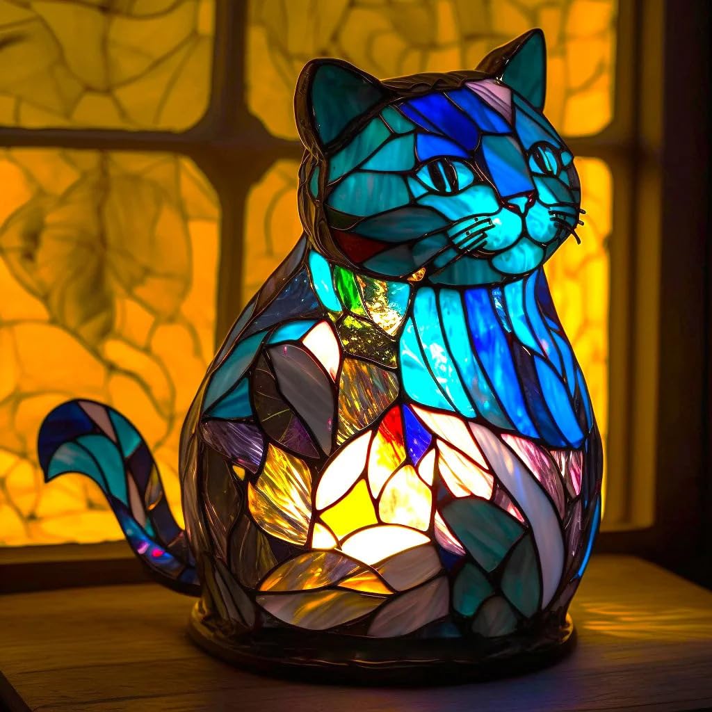 Animal Table Lamp Series Stained Resin Ornaments Night Light with USB Bohemian Furniture Decor Christmas Sculpture Desk Lamp Gift, Cat